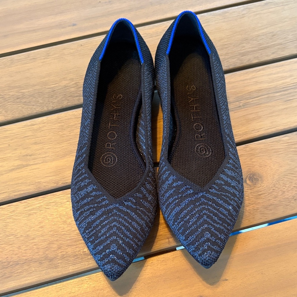 Rothy's The Point Black and Metallic Blue Animal Print Flats